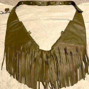 Sash Crossbody Bag Leather 10 Pocket Fringe Shale (Green) in Classic Plus size